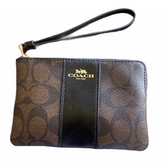 Coach EUC Corner Zip Wristlet In Signature Coated Canvas Black Brown - Picture 4 of 12